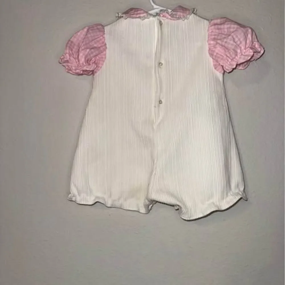 Vintage Tiny Tots Original Baby Romper with Elephant Embroidery and Pink Gingham